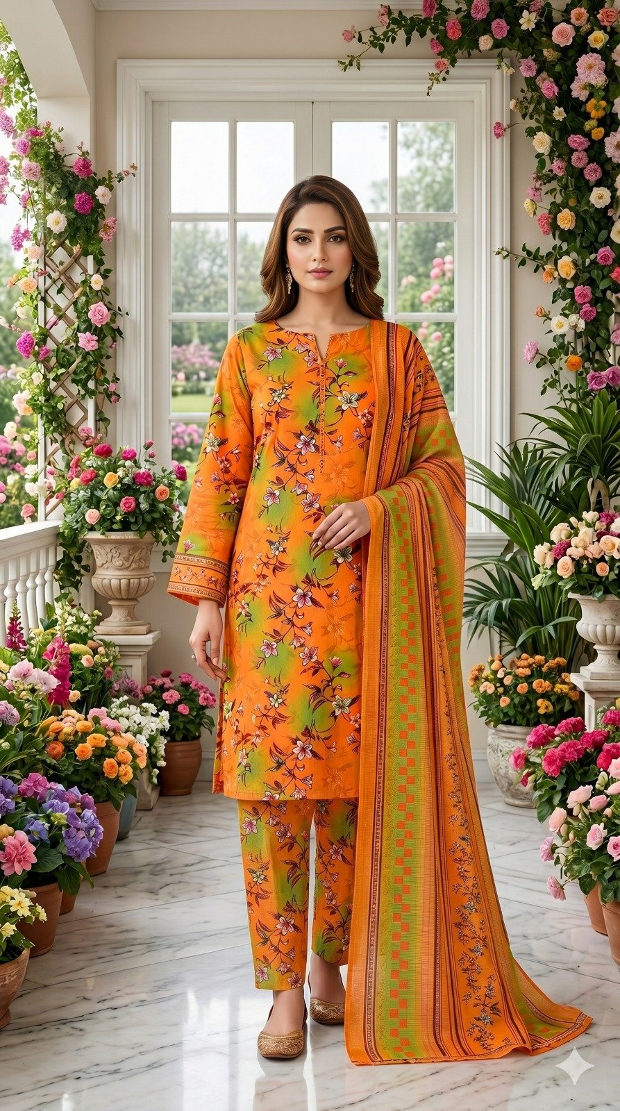 Model posing in a garden veranda wearing a matching 3-piece orange and lime green citrus vine premium summer lawn suit with plum vine prints and a geometric bordered dupatta.