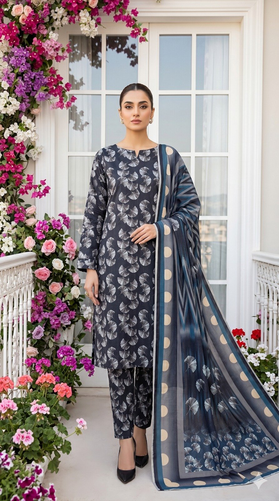 Model standing near a white glass door window wearing a matching 3-piece charcoal indigo ginkgo maze premium lawn suit with silver fan prints and a chevron patterned polka dot dupatta.