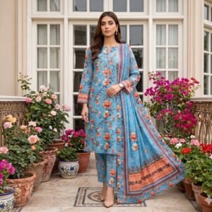Model posing in a courtyard with potted plants wearing a matching 3-piece ice blue and peach apricot pretty summer lawn suit with geometric self-print textures and a patterned dupatta.