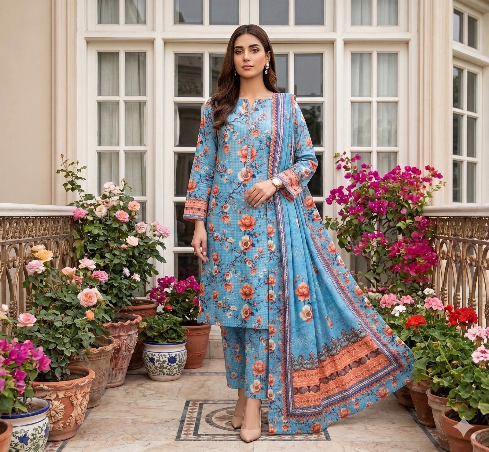Model posing in a courtyard with potted plants wearing a matching 3-piece ice blue and peach apricot pretty summer lawn suit with geometric self-print textures and a patterned dupatta.
